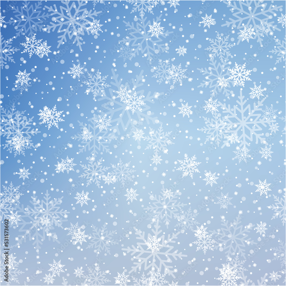Happy New Year or Xmas sky background with falling snowflakes. Vector