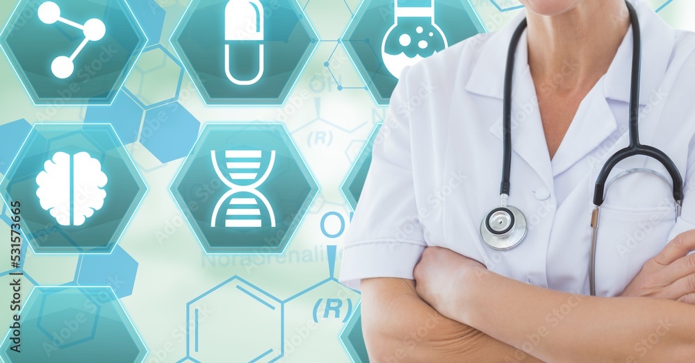 Digital illustration of a doctor Over medical icons Digital illustration of a doctor Over medical icons