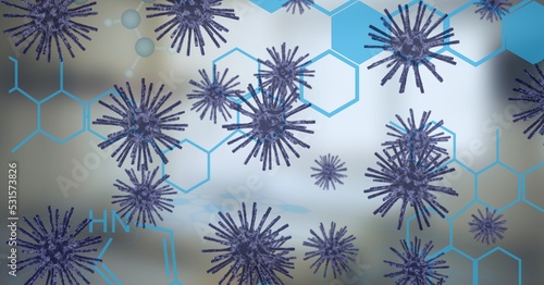 Digital illustration of macro Coronavirus Covid-19 cells floating 
