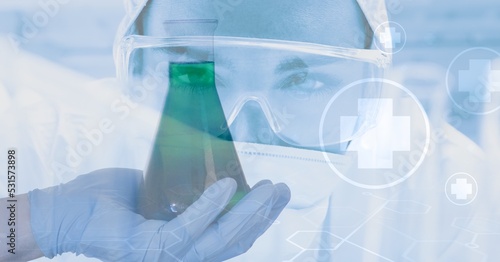 Digital illustration of a scientist wearing coronavirus covid19 mask holding a test tube 