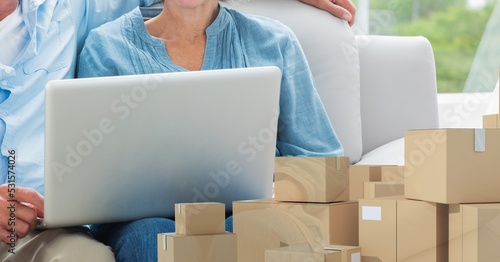 Caucasian woman using laptop shopping online with pile of boxes  © vectorfusionart
