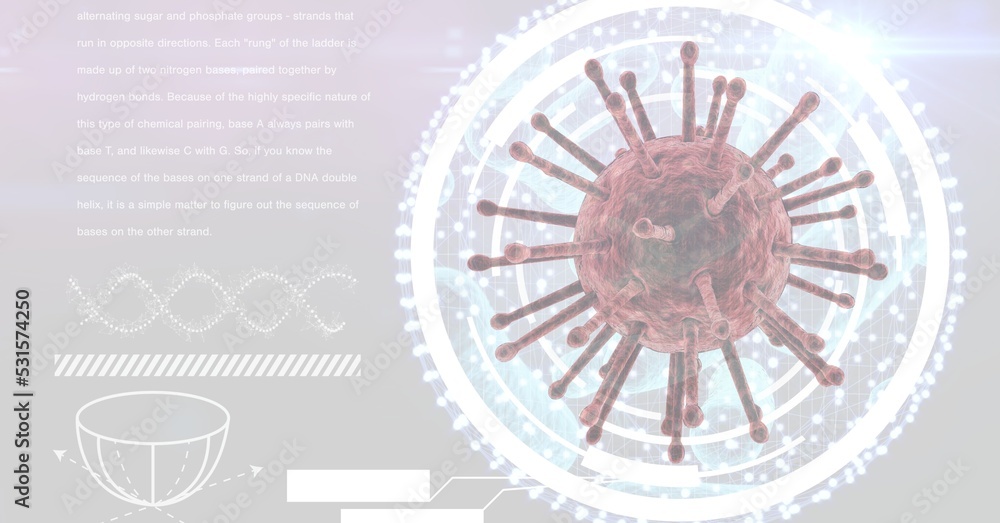 Digital illustration of a Coronavirus Covid-19 cell over data processing and statistics 