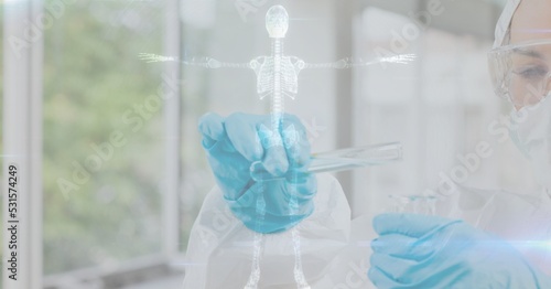 Digital illustration of a scientist holding a test tube over a 3D skeleton model
