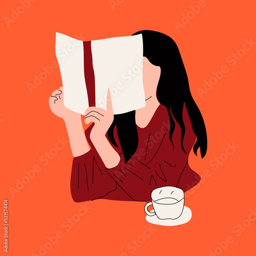 Girl reads a book in a cafe. Read more books concept. Hand drawn Vector trendy illustration. 