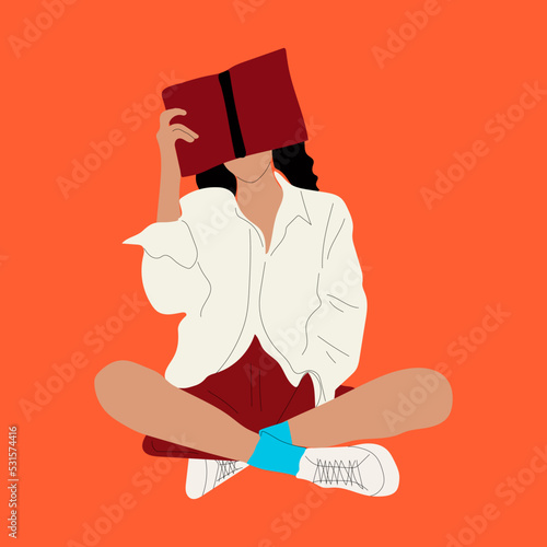 Girl reading a big Book . Young woman. Read more books concept. Hand drawn Vector trendy illustration
