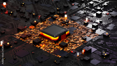 3D rendering CPU or Processor chip on motherboard electronic device and Circuit board, Artificial Intelligence concept technology background