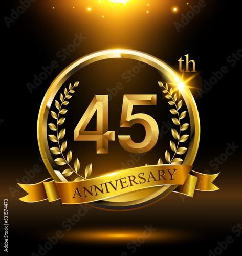 45th golden anniversary logo with ring and ribbon, laurel wreath