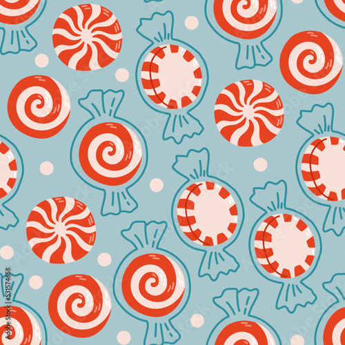 Christmas candy seamless pattern and flat vector