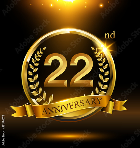 22nd golden anniversary logo with ring and ribbon, laurel wreath