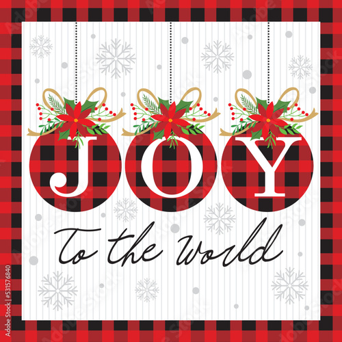 christmas greeting card with christmas joy and buffalo plaid