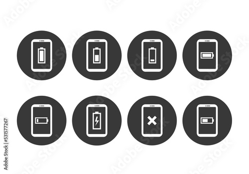 Battery icons. Black charge level gsm smartphone UI elements set. Vector full low and empty charge status, smart sign progression load. Smartphone battery