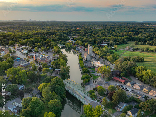 Early evening aerial photo of Schoen Place and the Erie Canal in the Village of Pittsford, New York.
 photo