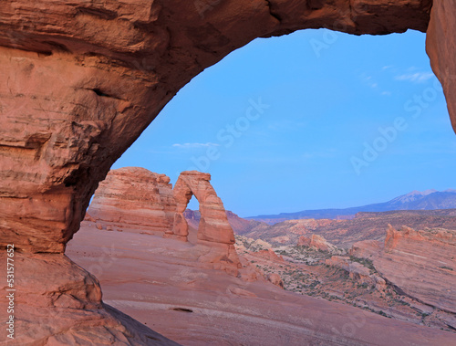 Delicate viewed through a natural window in Arch in Arches National Park, Utah, USA