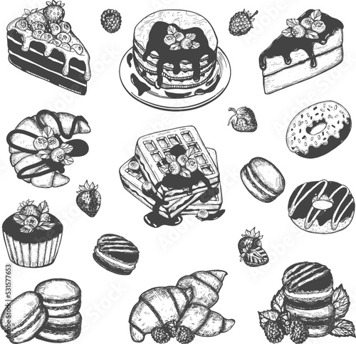 dessert set vector sketch. sweet menu vector chalk on white background. blueberry pancakes, donuts, cupcakes, pie, Belgian waffles, croissants, macarons vector set sketch.