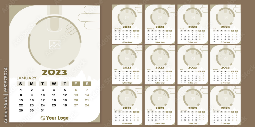 Wall quarterly calendar template for 2023 in a classic minimalist style