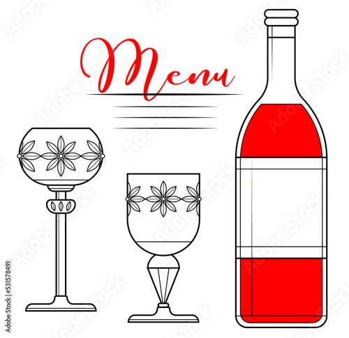 Outline drawing with colored elements. Bottle and glasses with text. Alcoholic drink. Wine. Beautiful crystal glasses.