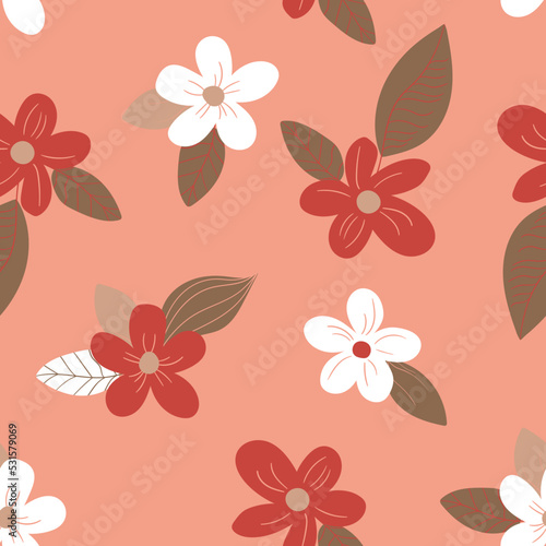 Seamless floral pattern based on traditional folk art ornaments. Art flowers on color background. Scandinavian style. Sweden nordic style. Vector illustration. Simple minimalistic pattern