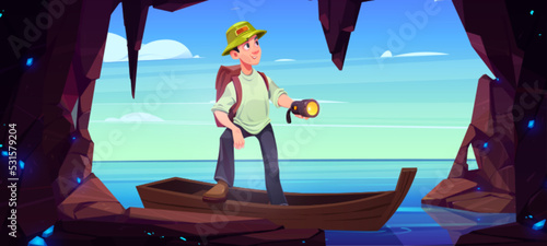 Man traveler in wooden boat explore rock cave on sea shore. Stone cavern in mountain on ocean coast with blue crystals and tourist character with flashlight and backpack, vector cartoon illustration