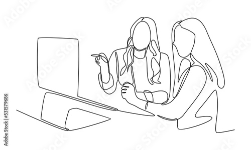 continuous line of two coworkers discussing work on screen