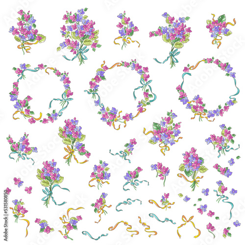 Illustration collection of cute bouquets and wreaths,