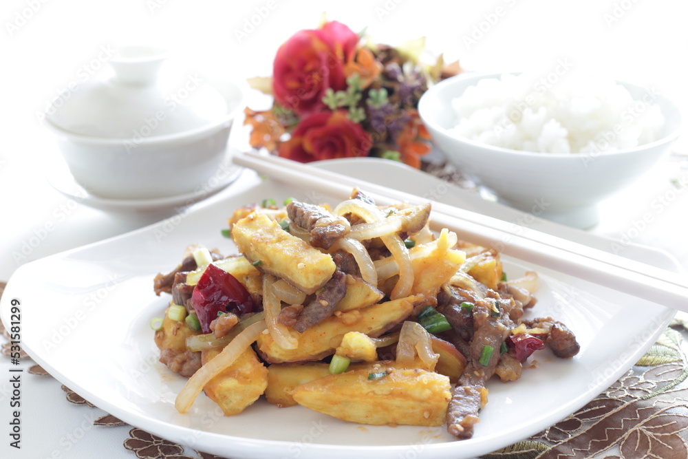 Chinese food, sweet potato and beef stir fried for winter vegetable comfort food Chinese food, sweet potato and beef stir fried for winter vegetable comfort food