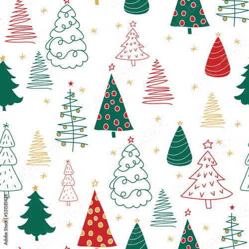 Christmas pattern. Christmas tree illustration hand-drawn packaging paper design, winter holiday decoration, red and green Christmas trees drawn by hand