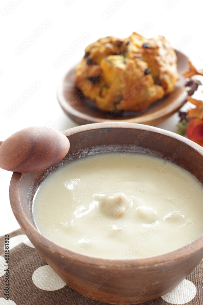 Homemade pumpkin scone and clam chowder for autumn breakfast Homemade pumpkin scone and clam chowder for autumn breakfast