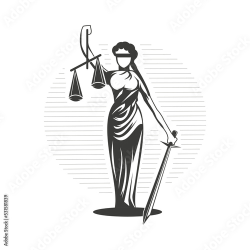 Woman justice illustration Justice symbol design- Woman holding scales and sword.