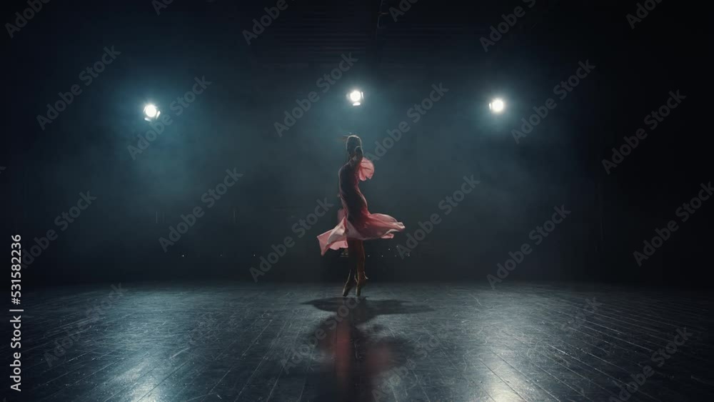 Graceful ballerina in flowing dress spins and dances on tiptoe in pointe shoes on stage in spotlights. Ballet dancer silhouette Graceful ballerina in flowing dress spins and dances on tiptoe in pointe shoes on stage in spotlights. Ballet dancer silhouette
