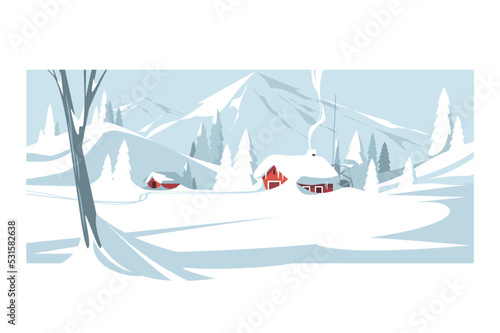 Small houses between snowy mountains