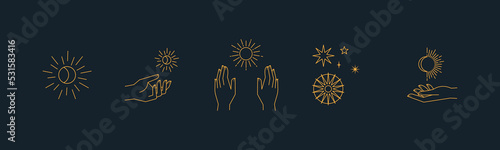 Aesthetic hands and cosmic and celestial elements. Universal cosmos related icons. Linear vector illustrations. Magic and Witchcraft symbology.