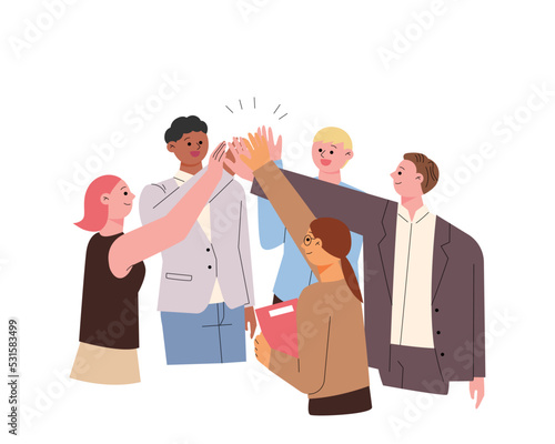 Business people gather and high-five. flat design style vector illustration.