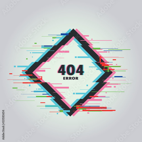 Error 404 page. Glitch effect banner. Not found screen. Square dynamic frame design with error sign