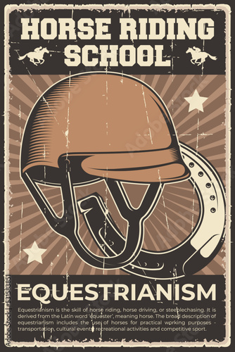 Retro vintage illustration vector graphic of Horse Riding School fit for wood poster or signage