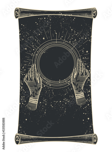 Magic scroll for halloween, hands hold a crystal ball of predictions. Black sheet of paper with a pattern isolated on a white background. Vector hand drawing illustration for a witch.