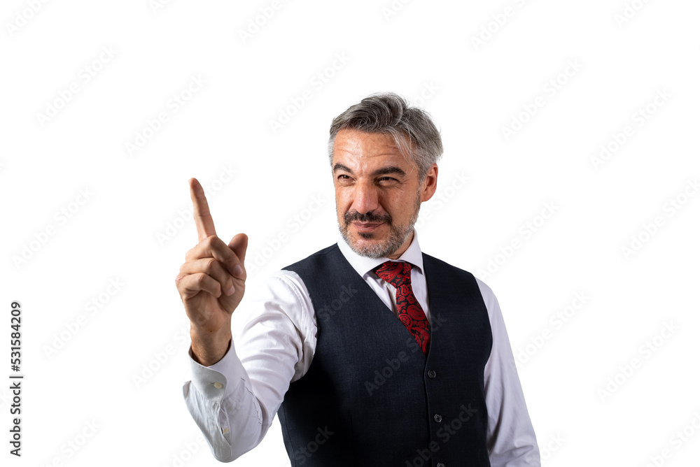 Portrait of senior Businessman standing in a suit without jacket, in waistcoat suit pointing with hand and finger. isolated on white background. Portrait of senior Businessman standing in a suit without jacket, in waistcoat suit pointing with hand and finger. isolated on white background.