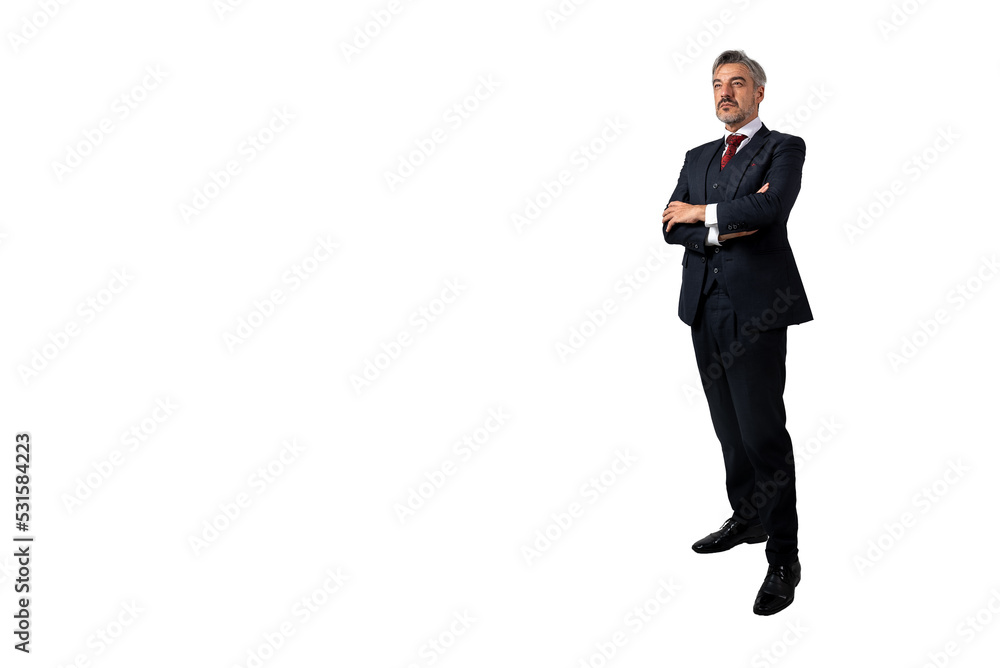 Full length portrait of senior Businessman standing in elegant blue suit with arms crossed. isolated on white background with copy space. Full length portrait of senior Businessman standing in elegant blue suit with arms crossed. isolated on white background with copy space.