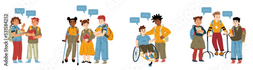 Children with disability among school friends. Flat vector illustration of happy handicapped kids in wheelchair or with crutches smiling, surrounded by nice boys and girls with books and backpacks