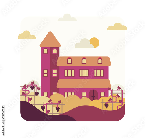 Manor among the vineyards, vector illustration in flat stile