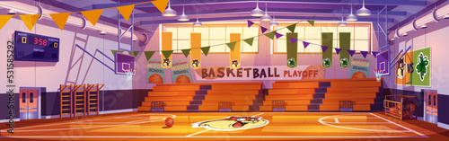 Basketball court interior, school sports arena or hall for playoff team game with hoop, ball, mascot on wooden floor, scoreboard and empty fan sector seats. Indoor stadium Cartoon vector illustration