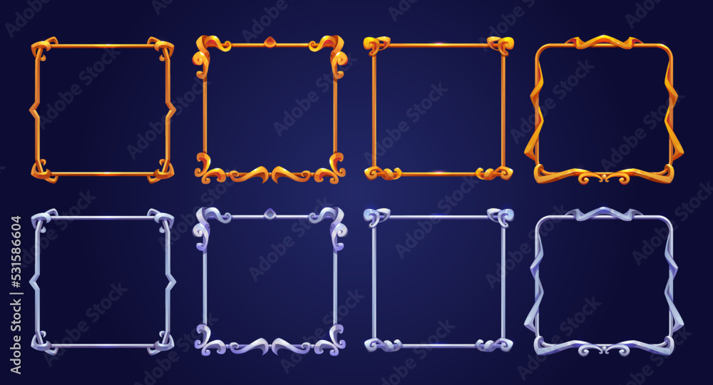 Set of square golden and silver ui game frames with cast metal