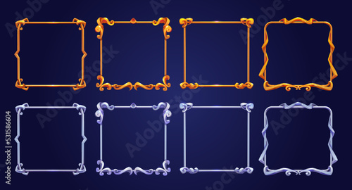 Set of square golden and silver ui game frames with cast metal decoration. Vector illustration of shiny yellow and grey vintage borders isolated on background. Medieval style gui elements bundle