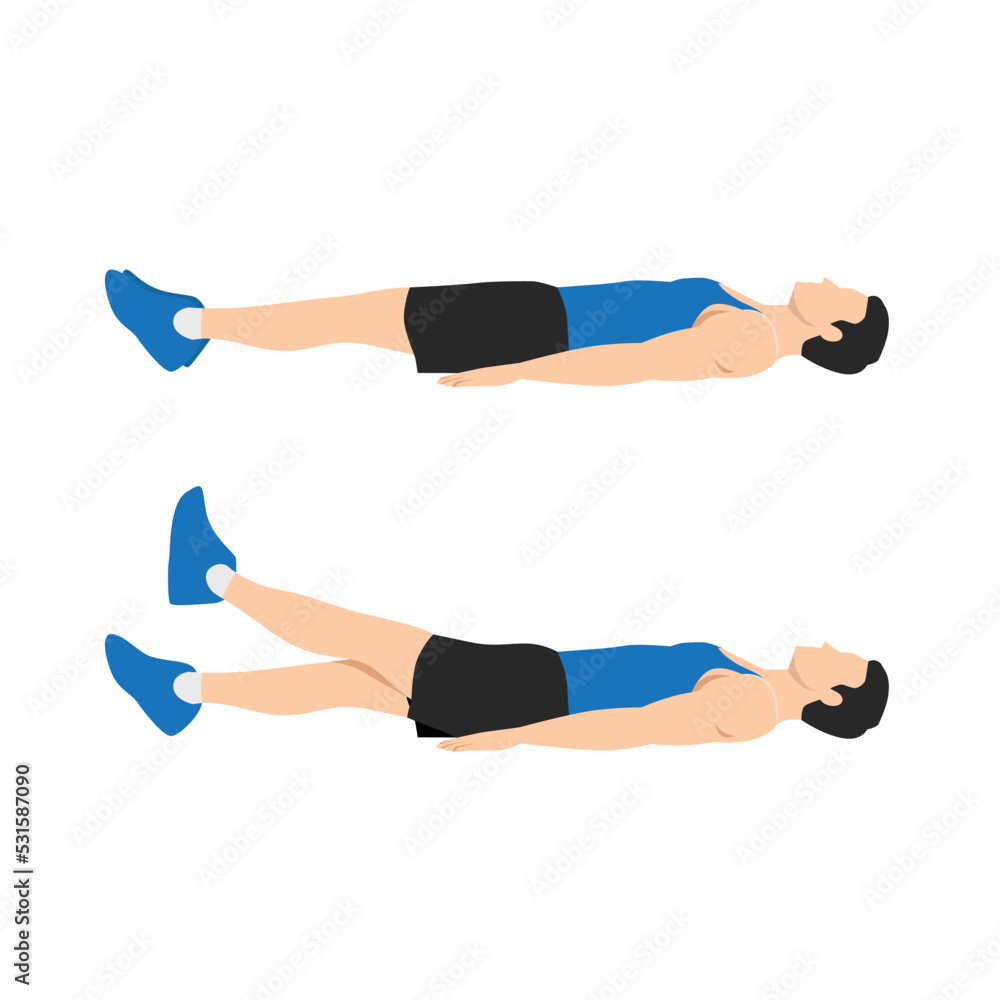 Man working out on her strength of stomach abs. Lying single or one leg lifts raises. Flat vector illustration isolated on white background Man working out on her strength of stomach abs. Lying single or one leg lifts raises. Flat vector illustration isolated on white background