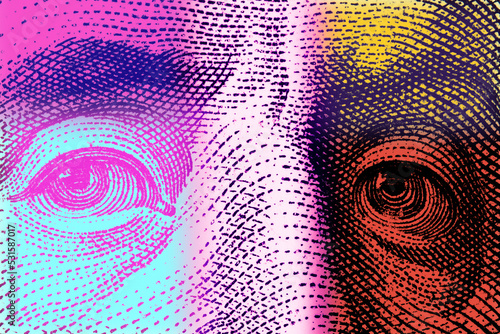 Obraz na płótnie Contemporary artwork close up president banknotes face. Digital texture backdrop. Trendy pop art fun culture. Neural network art poster. Funky punk collage design. Creative concept money illustration.