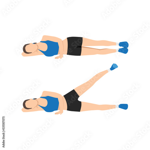Woman doing Lying side leg lifts or lateral raises hip abductors or adductors. Leg Raise Exercise in 2 step. Flat vector illustration isolated on white background photo