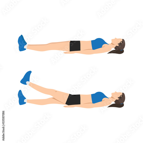 Woman working out on her strength of stomach abs. Lying single or one leg lifts raises. Flat vector illustration isolated on white background