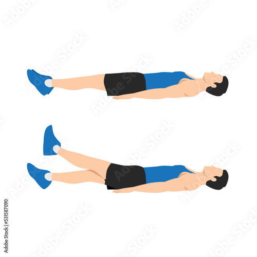 Man working out on her strength of stomach abs. Lying single or one leg lifts raises. Flat vector illustration isolated on white background