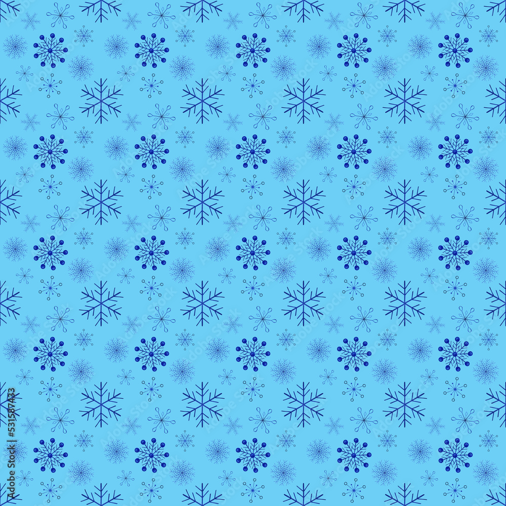 Hand Drawn Christmas Seamless Pattern with Snowflakes. Winter Background Drawn by Color Pencil. Decorative backdrop for fabric, textile, wrapping paper, card, invitation, wallpaper, web design.
