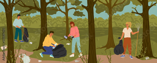 Volunteers collecting garbage into bags in city park or forest. People clean environment concept vector illustration. Save planet ecology poster