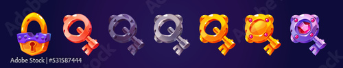 Game keys, lock, loot box, evolution of gamer assets. Copper, iron, silver, golden and platinum keys, ui icons. Cartoon graphic design elements for rpg, quest or arcade, Vector illustration, set